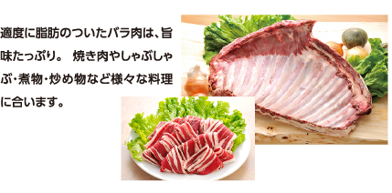 適度に脂肪のついたバラ肉は、旨味たっぷり。 焼き肉やしゃぶしゃぶ・煮物・炒め物など様々な料理に合います。